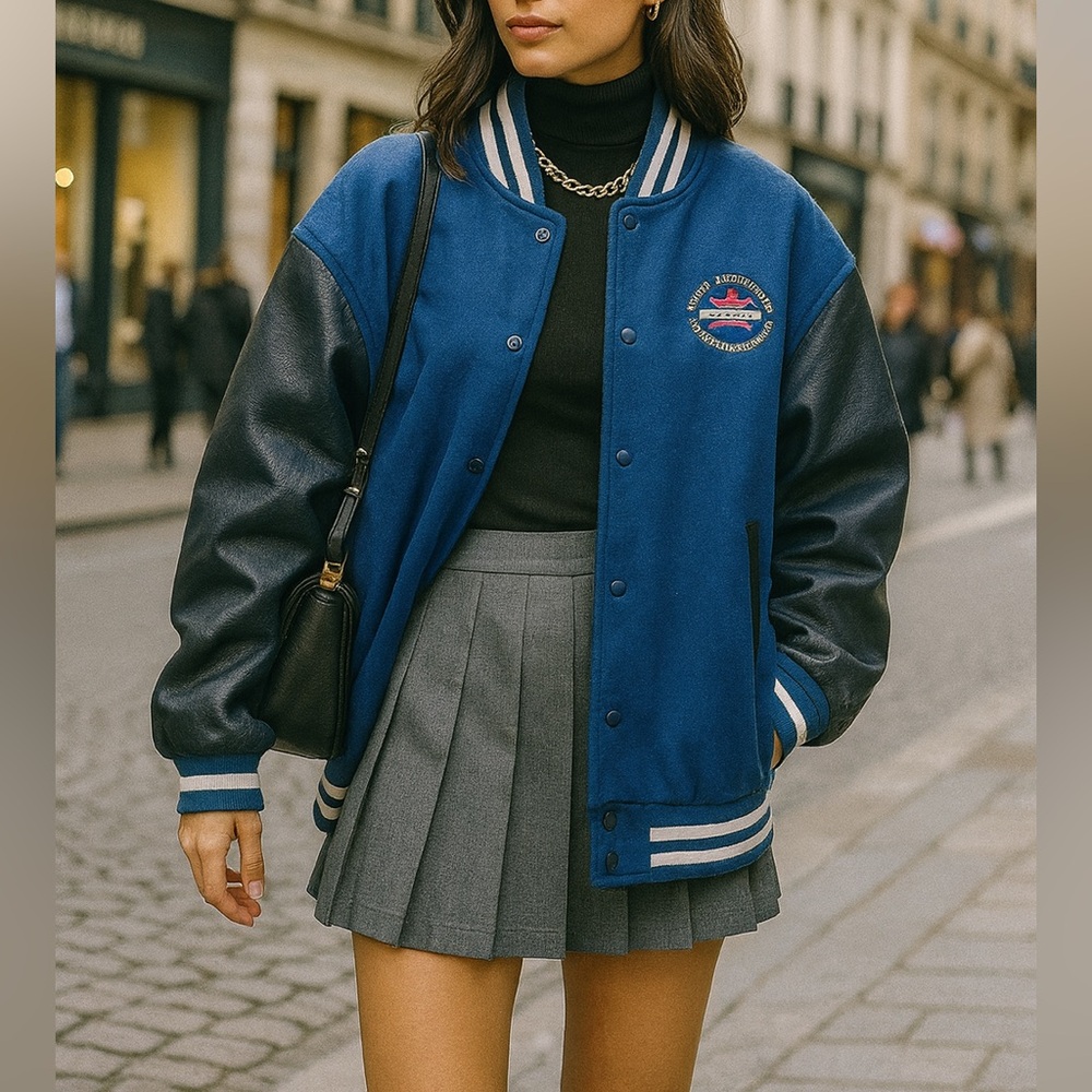 Oversized Varsity Jacket | Blue Letterman Bomber Coat